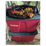 2 totes with Christmas decorations and fall