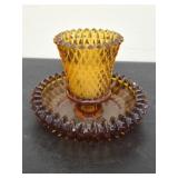 Vintage Indiana glass diamond point amber votive