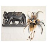 Wood Carved Elephant Decor with 4 Hooks