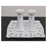 Ceramic rose plate and candle stick holders