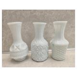 Lot of 3 white glass vases