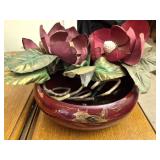 Faux flowers in beautiful burgundy Asian bowl