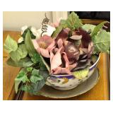 Faux flower arrangement in Asian bowl & brass