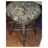 Antique Wooden Base Stool w Leopard Upholstery