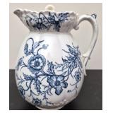 Antique blue & white floral porcelain pitcher ***