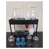 Box lot of glass votives lantern globes and shelf