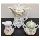 Hand painted porcelain teapot sugar bowl & Creamer