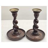 Pair of Wooden Spiral Candlestick Holders