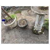 2 concrete planters and 1 bird bath