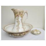 Antique floral wash pitcher and basin set
