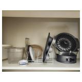 Estate shelf lot of cook ware & more