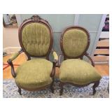 Pair of green upholstered Victorian style chairs