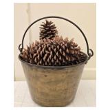 Brass Bucket with Handle Full of Pine Cones