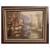 Antique framed rural river scene with a mill