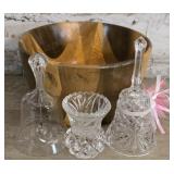 Teak Wood Bowl & Misc Glass Bells & Vase