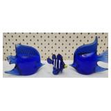 3 cobalt blue fish art glass figurines CHIPPED