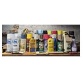 Shelf lot of spray paints, brushes and more