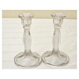 Pair of Floral Etched Glass Candlestick Holders