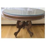 Antique Round Wooden Table with Glass Top w Wheels