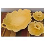 Glazed yellow leaf plate & candle holders SEE DESC