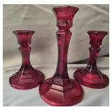 Lot of 3 Ruby Red candle stick holders