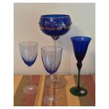 4 beautiful blue long stem wine glasses