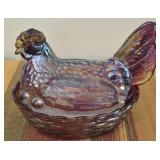 Amberina iridescent carnival glass Hen on a nest