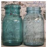 Lot of 2 Blue Ball Mason Jars one has a glass lid