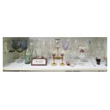 Shelf Lot of Misc Wine Glasses Bottles and More