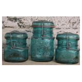 Lot of 3 Blue Vintage Ball Mason Jars w Glass Lids