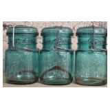 Vintage Blue Glass Ball Mason Jars w Glass Lids
