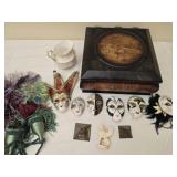 Decorative Box of Misc Hand Painted Masks & more