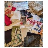 Box lot of table cloth doilies runners & more