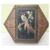 Vintage hexagonal box wood burning box w feathers