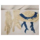 Antique white lace gloves & a lace bonnet