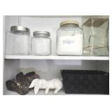 Shelf Lot of Glass Jars Ceramic Rabbit Wood ETC