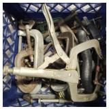 Blue crate of  various metal hand tools