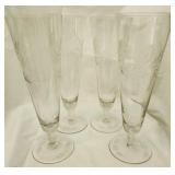 4 Vintage etched Pilsner style drinking glasses
