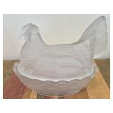 Rare antique frosted glass hen on a Nest