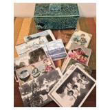 Handmade ceramic lidded box & vintage postcards