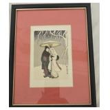 Framed Japanese print of lovers under the umbrella