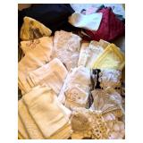 Box lot of table cloths doilies runners & more
