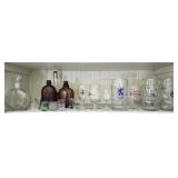 Shelf Lot of Glass Beer Mugs Bottles Decanter ETC