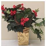 Heavy Gold Ceramic Vase w Faux Floral Arrangement