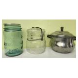 Vintage glass canning jars & a metal container