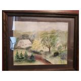 Framed landscape watercolor painting