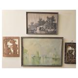 Estate Lot of Vintage Pictures & Wood Carvings