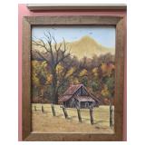 Framed oil on board of a barn by Mary
