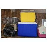 Small Pet Crate & 3 Plastic Coolers