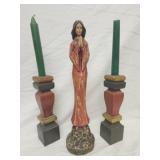 Vtg Praying woman statue & 2 candles